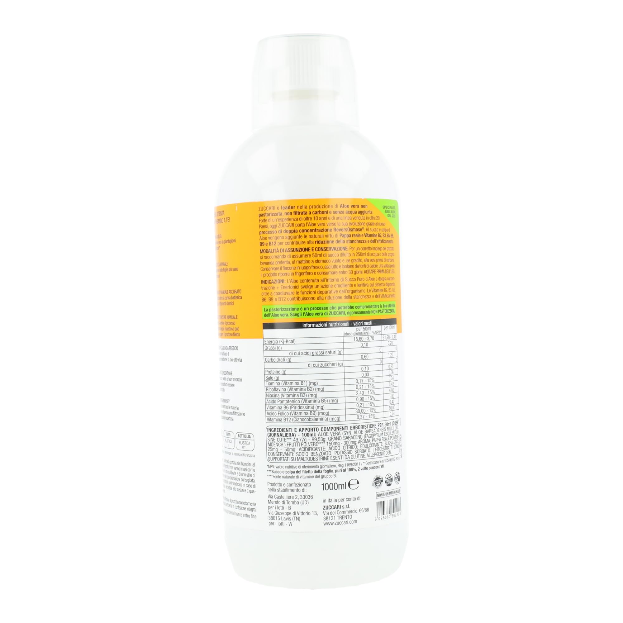 Zuccari ALOEVERA² Succo Puro d'Aloe + Enertonici, Bottiglia da 1000ml, Con Pappa Reale e Vitamine del Gruppo B da Grano Saraceno, Supporto Contro Stanchezza e Affaticamento