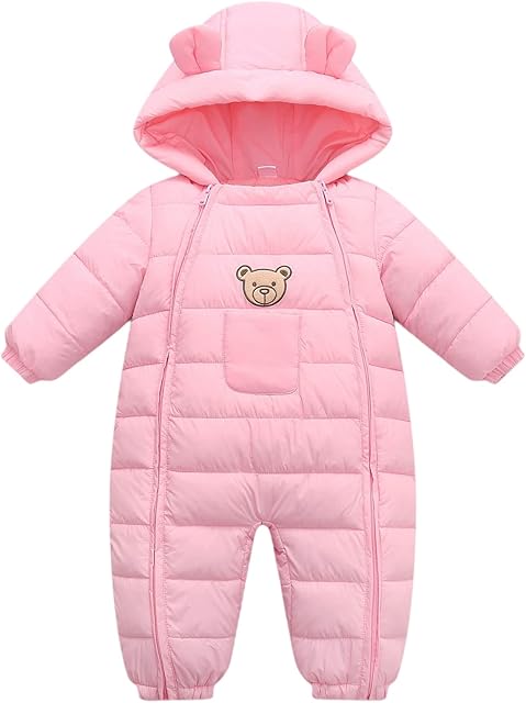 JiAmy Baby Snowsuit Hooded Romper Winter Outfits Cartoon Bear Boys Girls Jumpsuit Pink 3-6 Months
