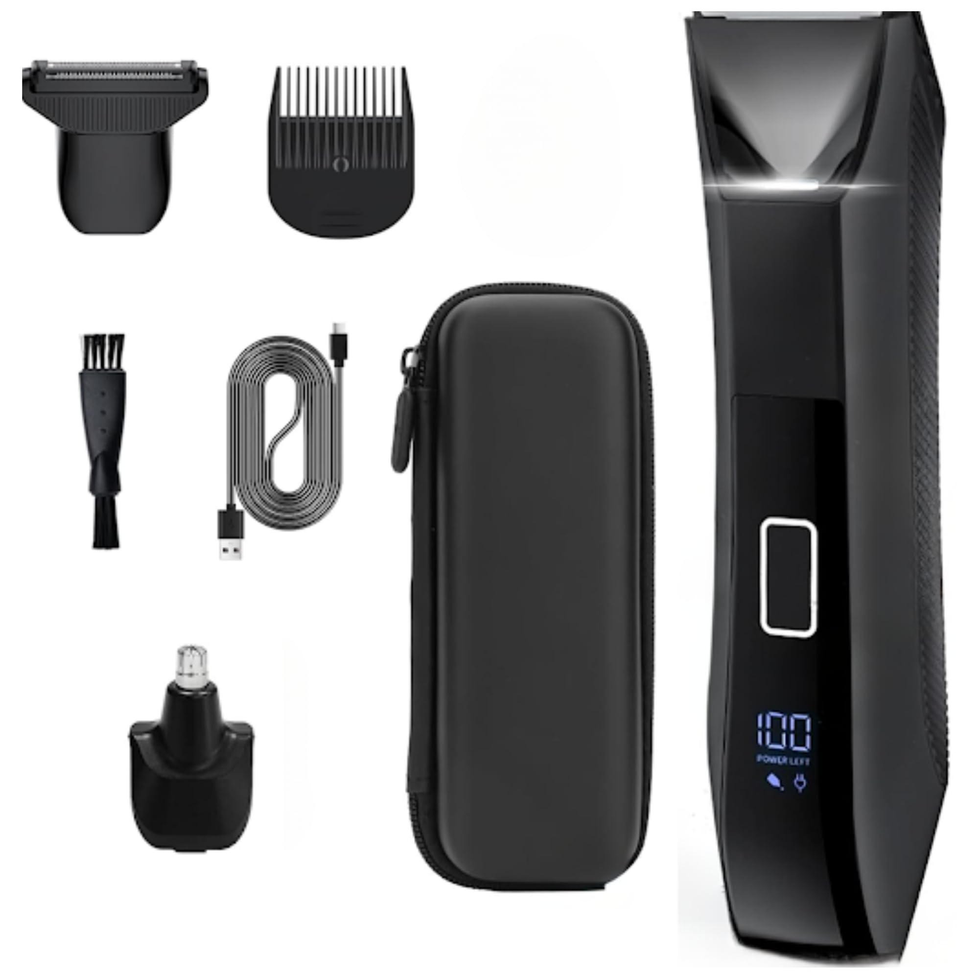 Three-in-One Waterproof Wet/Dry Groomer with Travel Case and Travel Lock, Black, LED Display, Ball Foil Shaver, Nose Hair Clippers, and Groin & Body Hair Trimmer by Paradise Bliss, Black