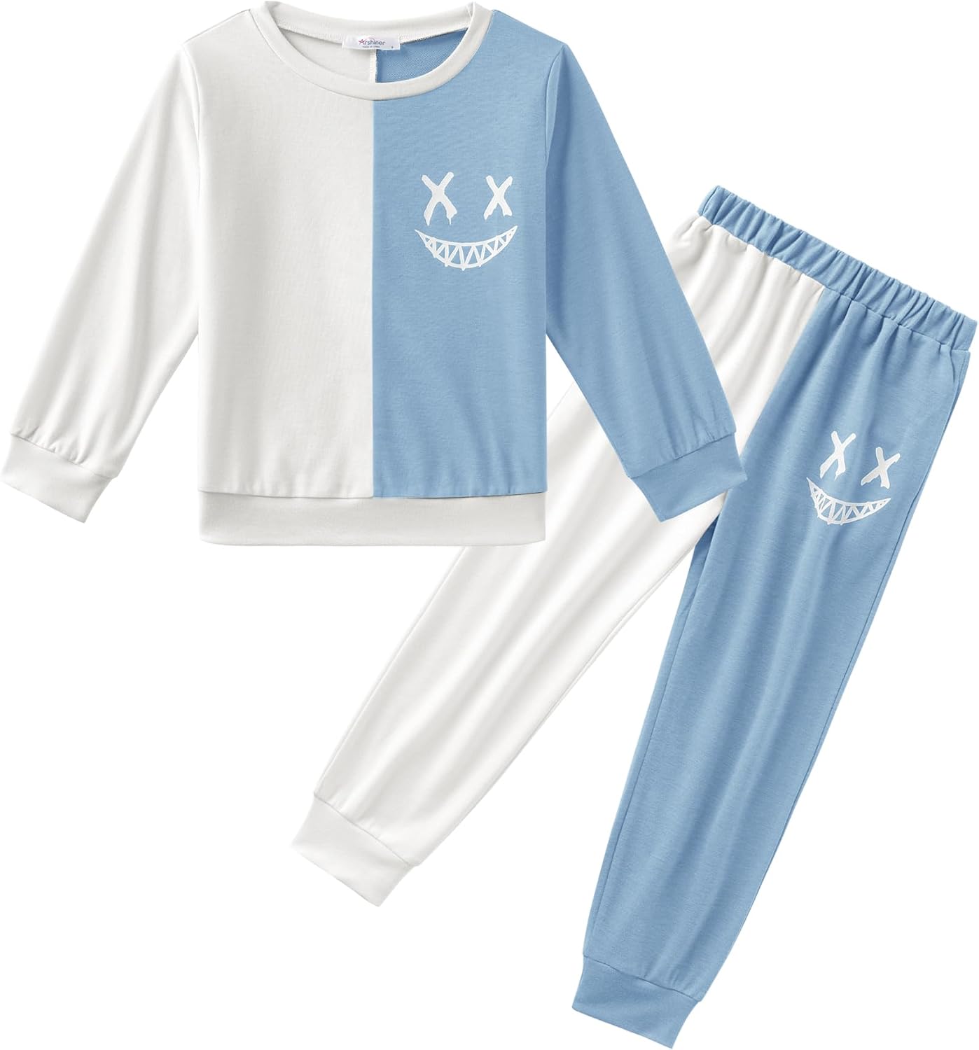 Arshiner Boys Cartoon Face Print Two Tone Crewneck Sweatshirt and Pants Set Tracksuits Outfits Size (2T - 7-8)