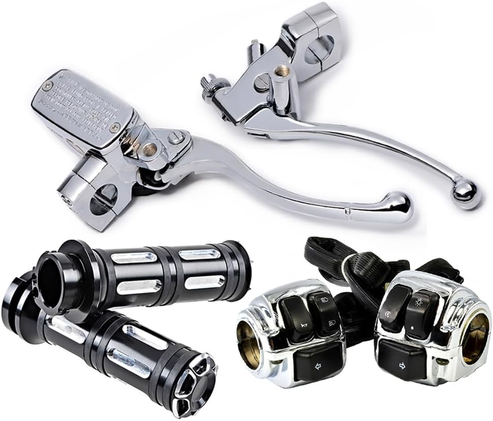 Aluminum Chrome Left Clutch Lever Right Hydraulic Brake Master Cylinder + 1" Handlebar ON/Off Switch Control + Hand Grips Compatible with 1996-2012 Harley Softail Dyna Sportster V-Rod