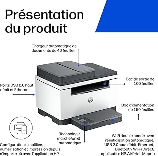 HP LaserJet M235sdw, 8J9K7F, Imprimante Multifonction A4, Recto/Verso Automatique Noir et Blanc, 27 ppm, Wi-FI, Ethernet, USB, ADF, Smart, Écran LCD, Grise