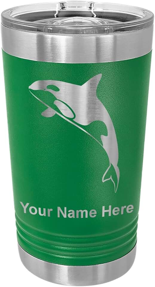 LaserGram 16oz Vacuum Insulated Pint Tumbler, Killer Whale, Personalized Engraving Included (Green)