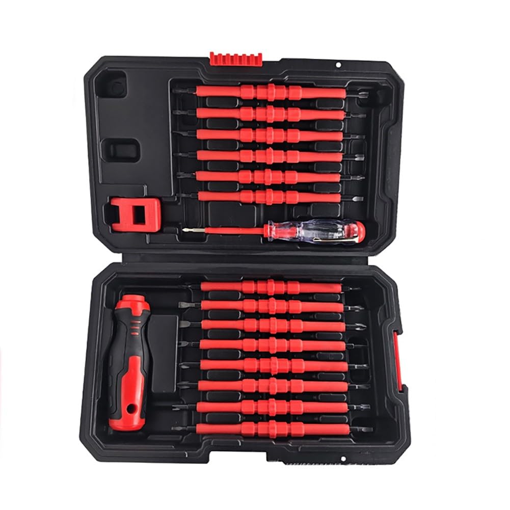 EasyByMall Juego de destornilladores aislados 31 en 1 con probador de voltaje, kit de herramientas de electricista para puntas de estrella hexagonales cruzadas, magnetizador, mango antideslizante