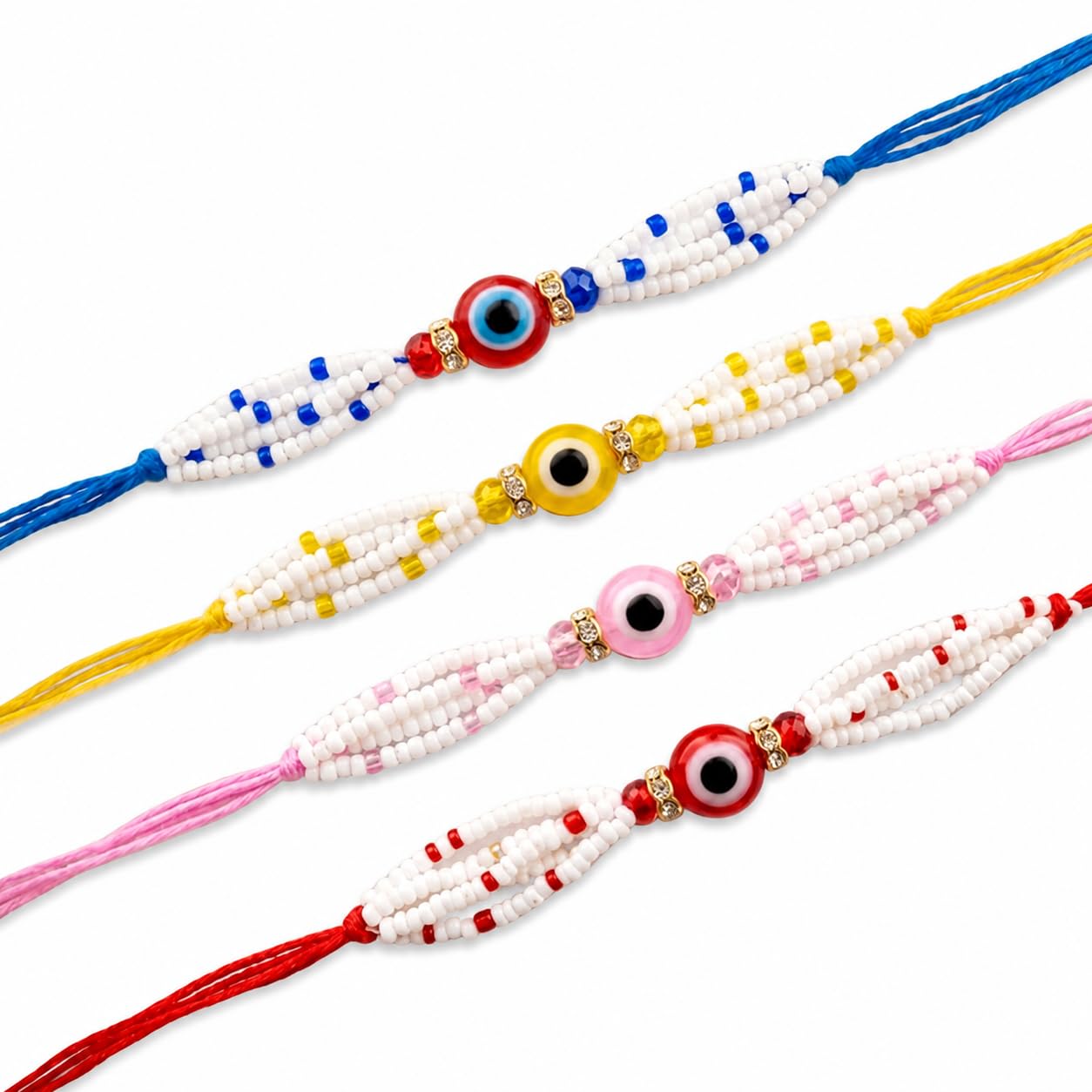Evil Eye Rakhi for Brother | Premium Seed Bead Rakhi with Nazar Protection Charm | Designer Handmade Raksha Bandhan Bracelet for Bhai | Soft Cotton Thread | combo Pack 4-image-4