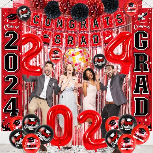 MOVINPE Graduation Party Decorations 2024, Class of 2024 Party Supplies Congrats Grad Porch Sign Banner Table Centerpieces Curtain Pom Poms Disco Balloons Number Balloons (Red & Black)