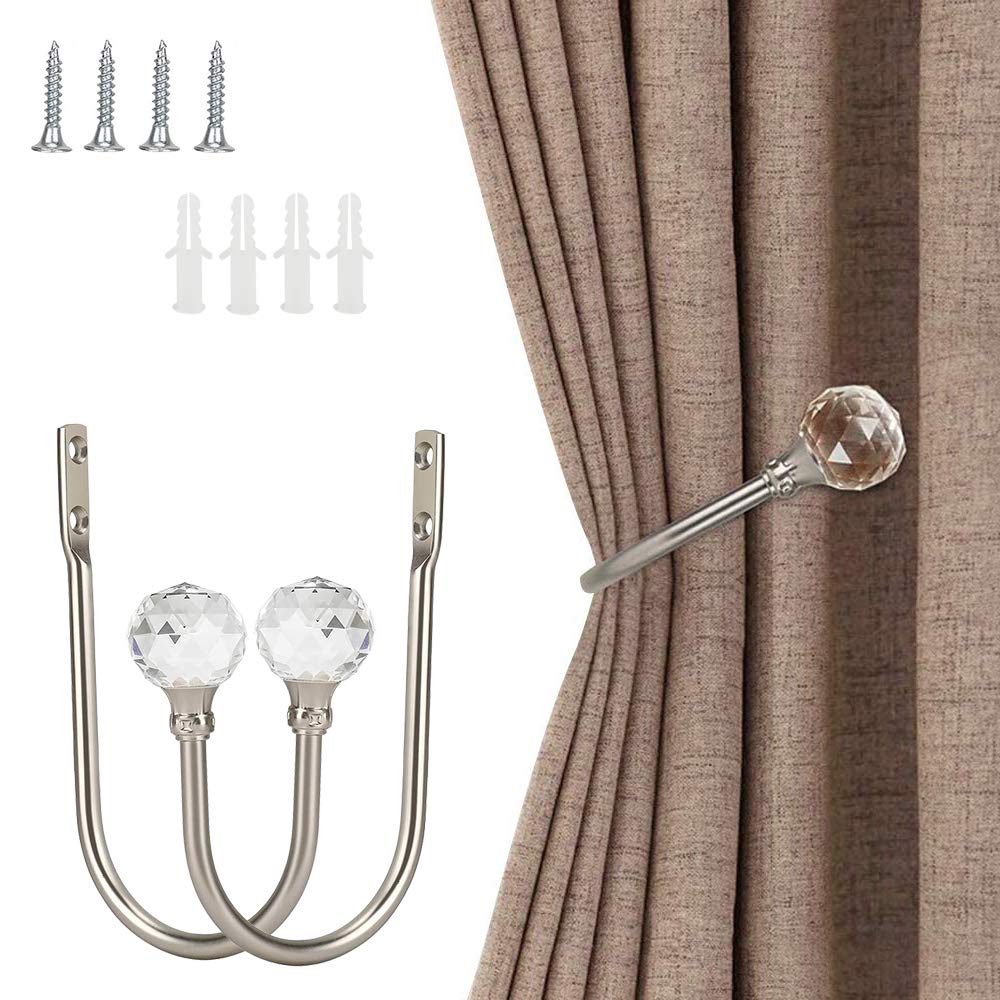 Coolnice2 Pack Decorative Curtain Drapery Holdbacks Wall Mounted Curtain Tieback U Shape Curtain Tiebacks Hooks Crystal Hooks with Screw for Home Office-Silver