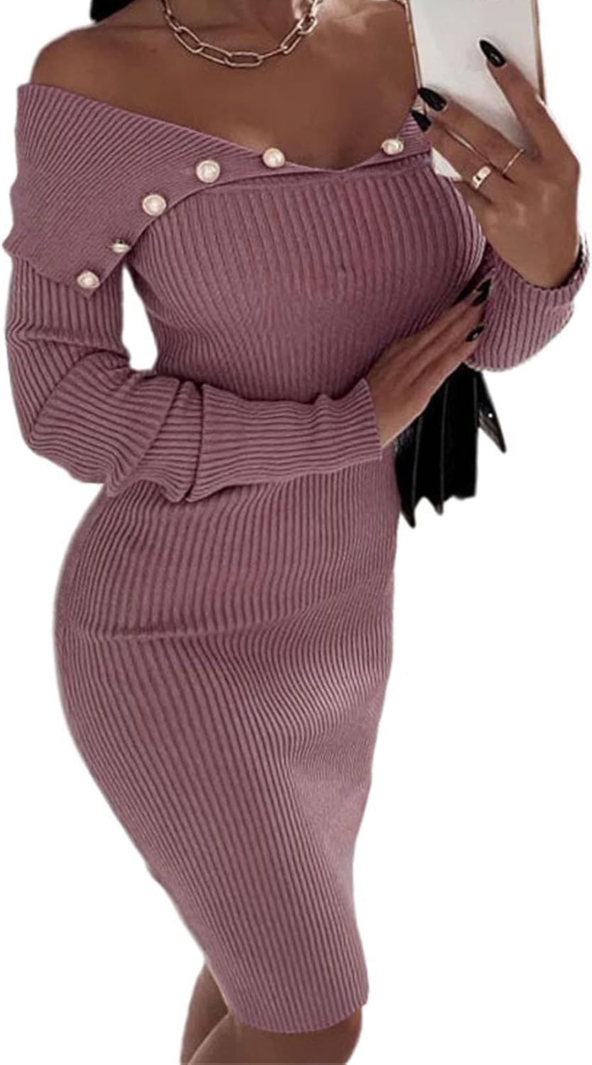 Women's Long Sleeve Sweater Dress Mini Knit Sexy Formal Bodycon Dress Casual Pullover Sweaters Dresses