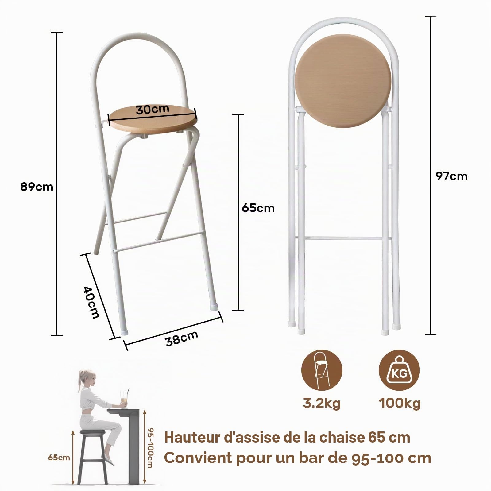 1pcs Tabouret De Bar Pliant Rond avec Dossier 60/65/70/75cm Chaises Hautes Portable Chaise De Bar Adulte Stable Et Résistante Pas D'assemblage Nécessaire Pour Intérieur Et Extérieur(Natural,65cm)