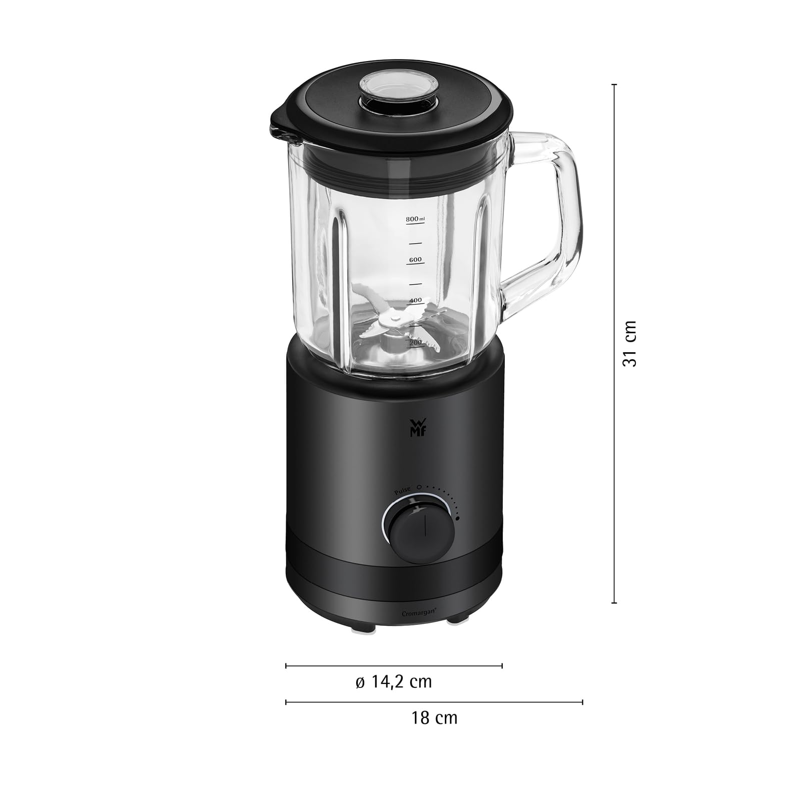 WMF Kitchenminis - Batidora vaso 0,8 l de 400 vatios, batidora de acero inoxidable Cromargan, licuadora pequeña con jarra de vidrio, 5 velocidades, función de pulso, perfecta para 1-2 porciones