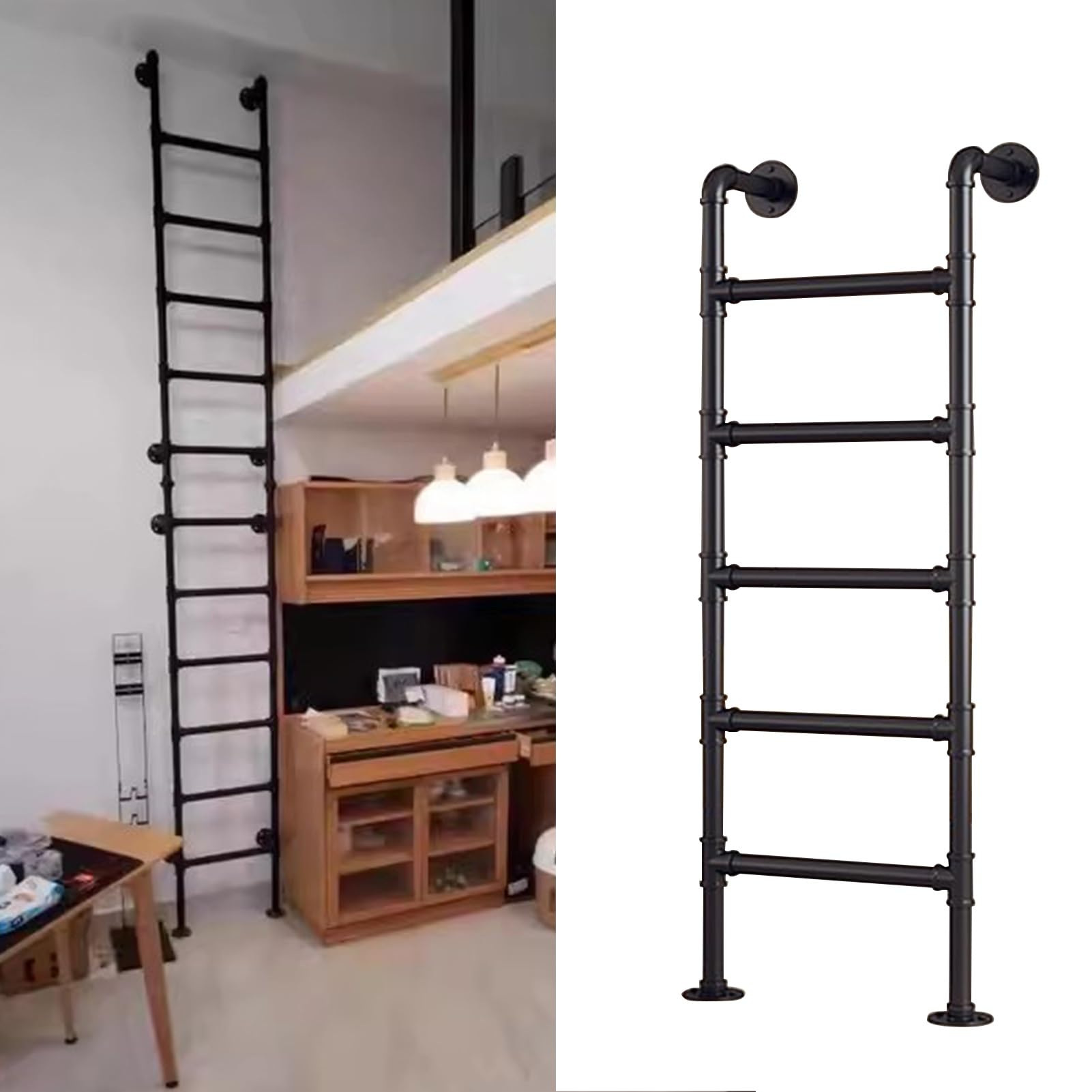 Hochleistungs-Feuerleiter für Kellerfensterschächte, Etagenbett aus schwarzem Schmiedeeisen, multifunktionale Sicherheitsleiter für Dachboden, Zwischengeschoss, Bibliothek usw.