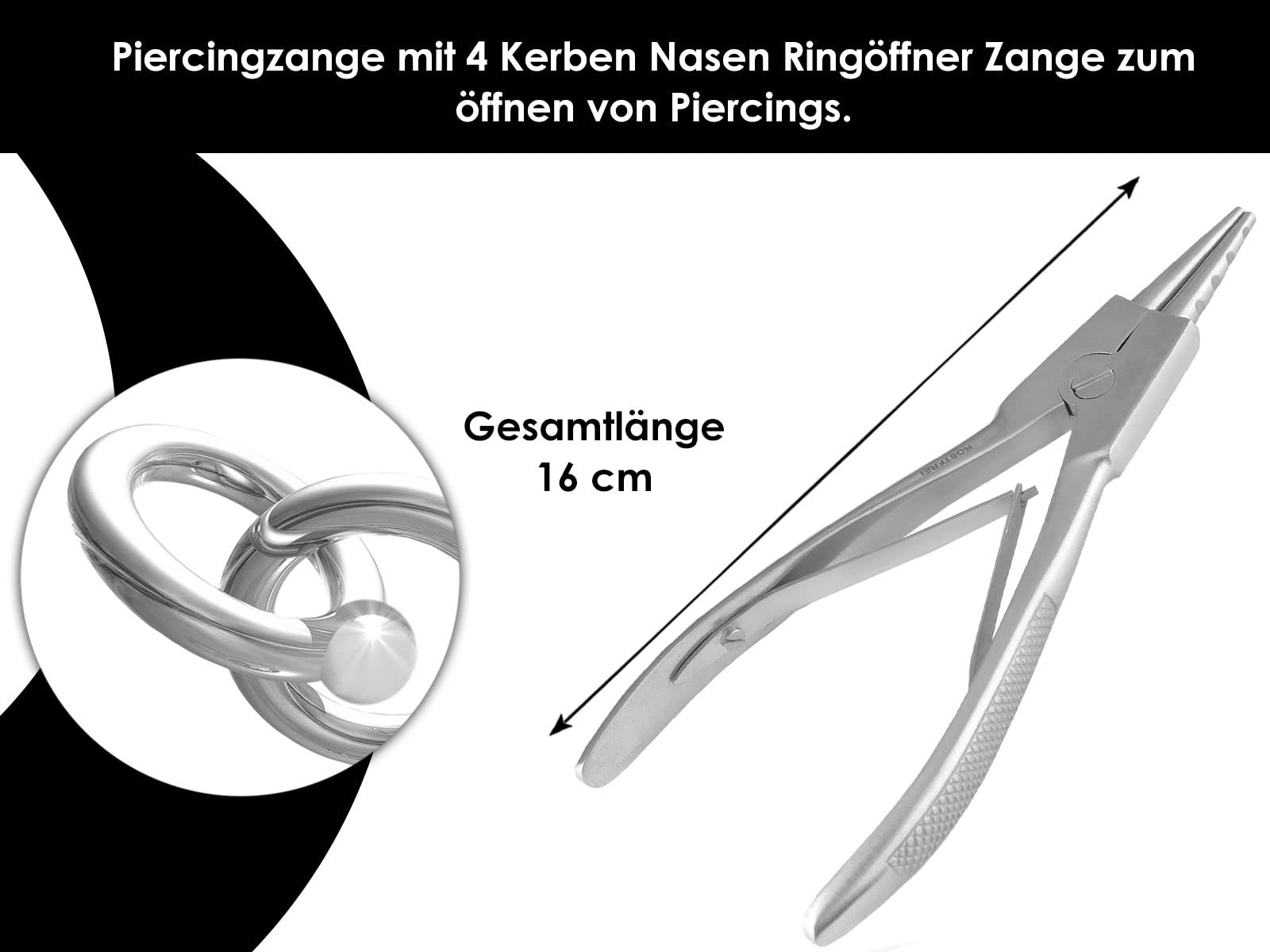InstrumenteNrw Ringöffnungszange für Piercing Klemmringe als Piercingzange mit 4 Kerben Ringöffner Zange mit Doppelfederung aus Edelstahl 16 cm