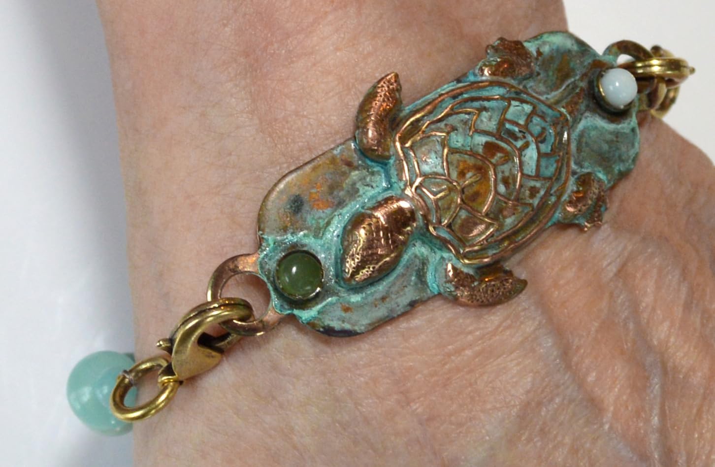 Elaine Coyne Verdigris Patina Brass Sea Turtle Interchangeable Rockband Bracelet - Amazonite, Jade