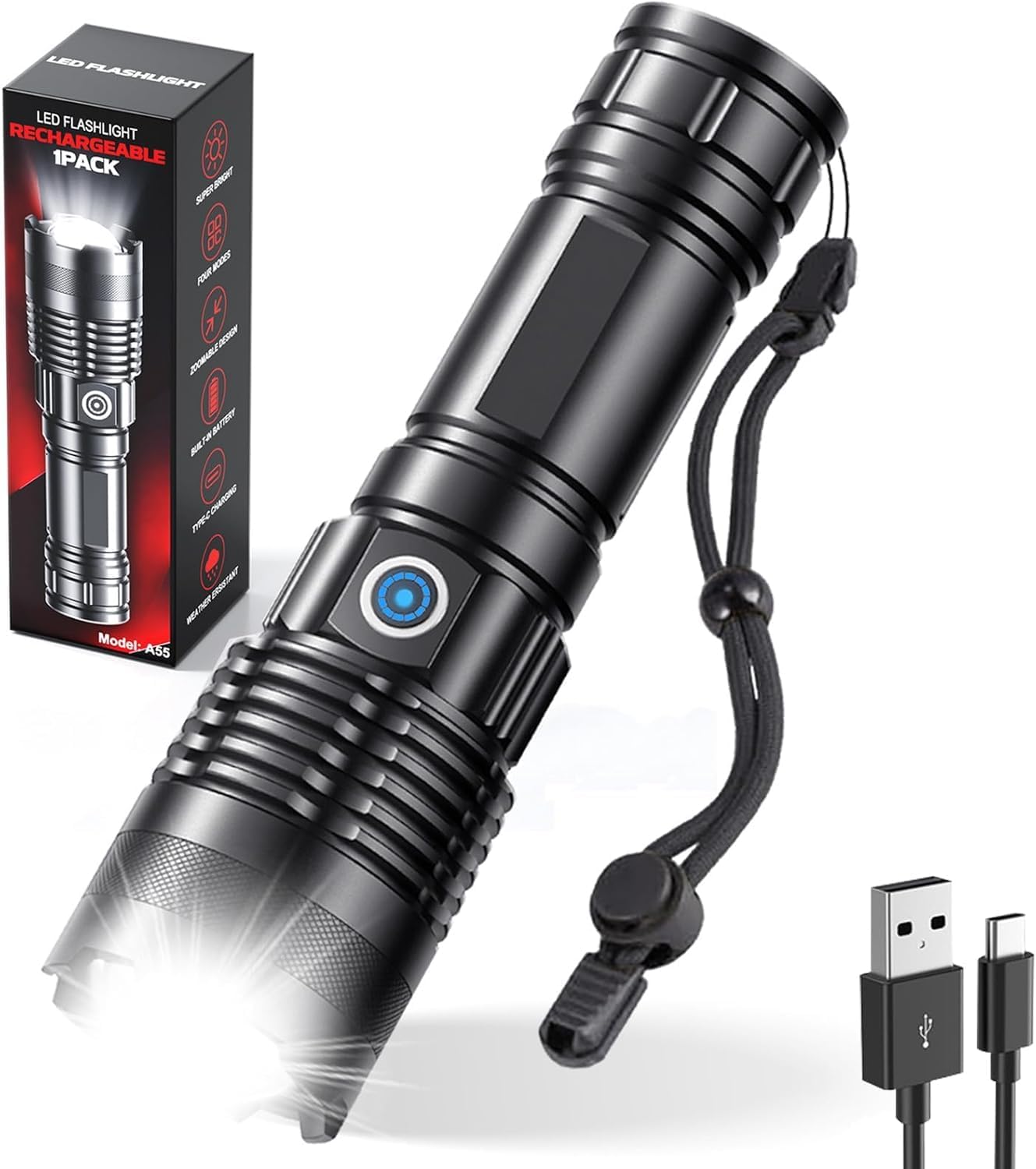 WISSBLUE High Lumen Rechargeable LED Flashlight XHP USB Ultra Bright Flashlight Battery Powered, Powerful Handheld Flashlight, Suitable for Emergency Camping