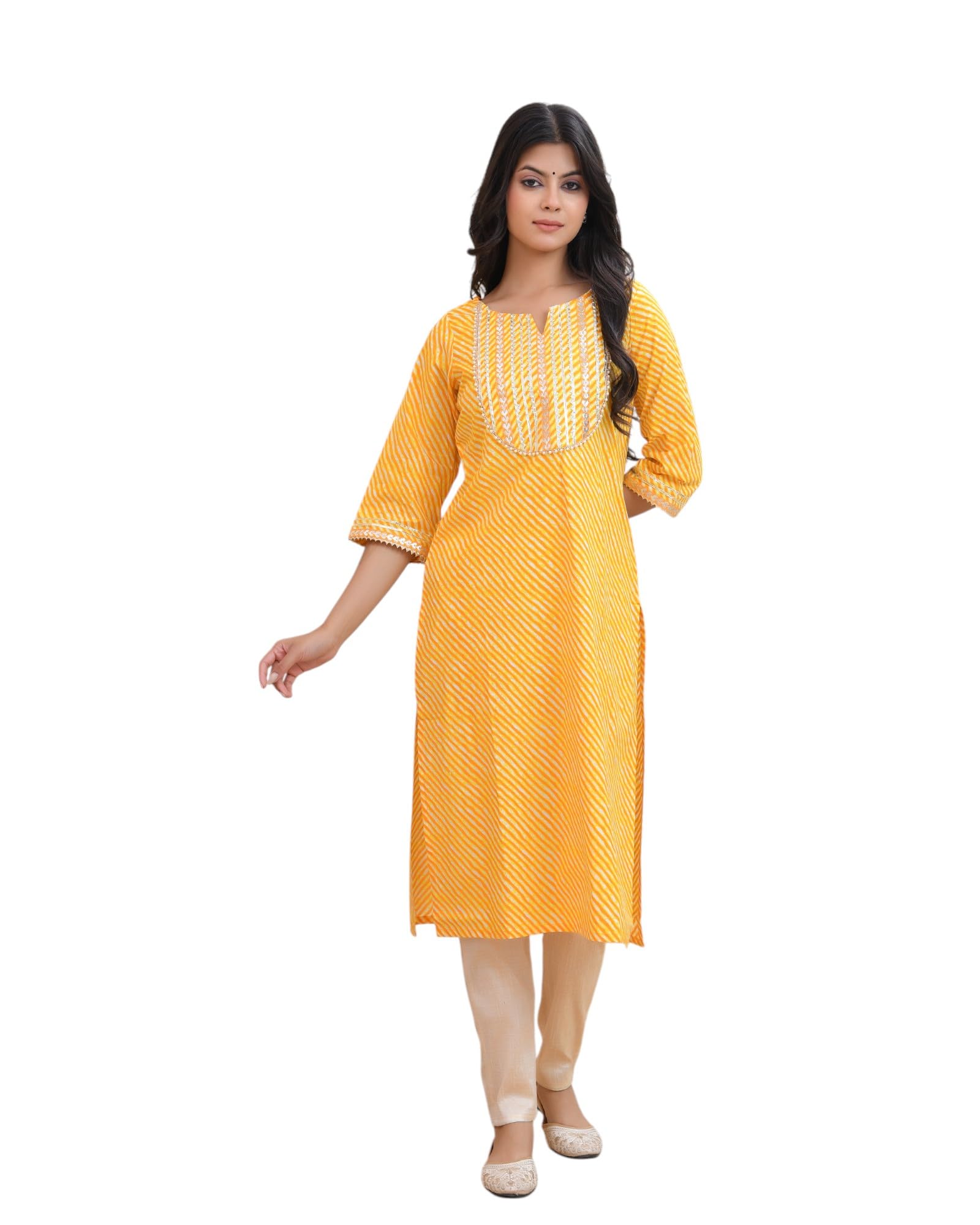 varneeya Golden Yellow Color Jaipuri Lehariya Cotton Kurti Embellished with Gota & Moti Lace Work on Neck Patch Looks Pretty & Elegant.-picture-45