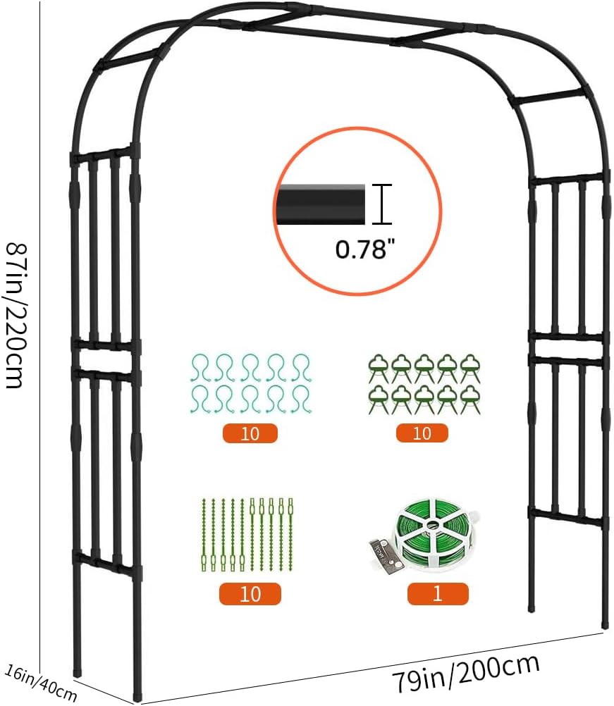 Heavy Duty Black Metal Garden Arch Trellis for Climbing Plants - Steel Arbor for Grape Vines, Roses, Easy Assembly Pergola for Patio & Backyard (16.1''L*79.1''W*87.0''H)