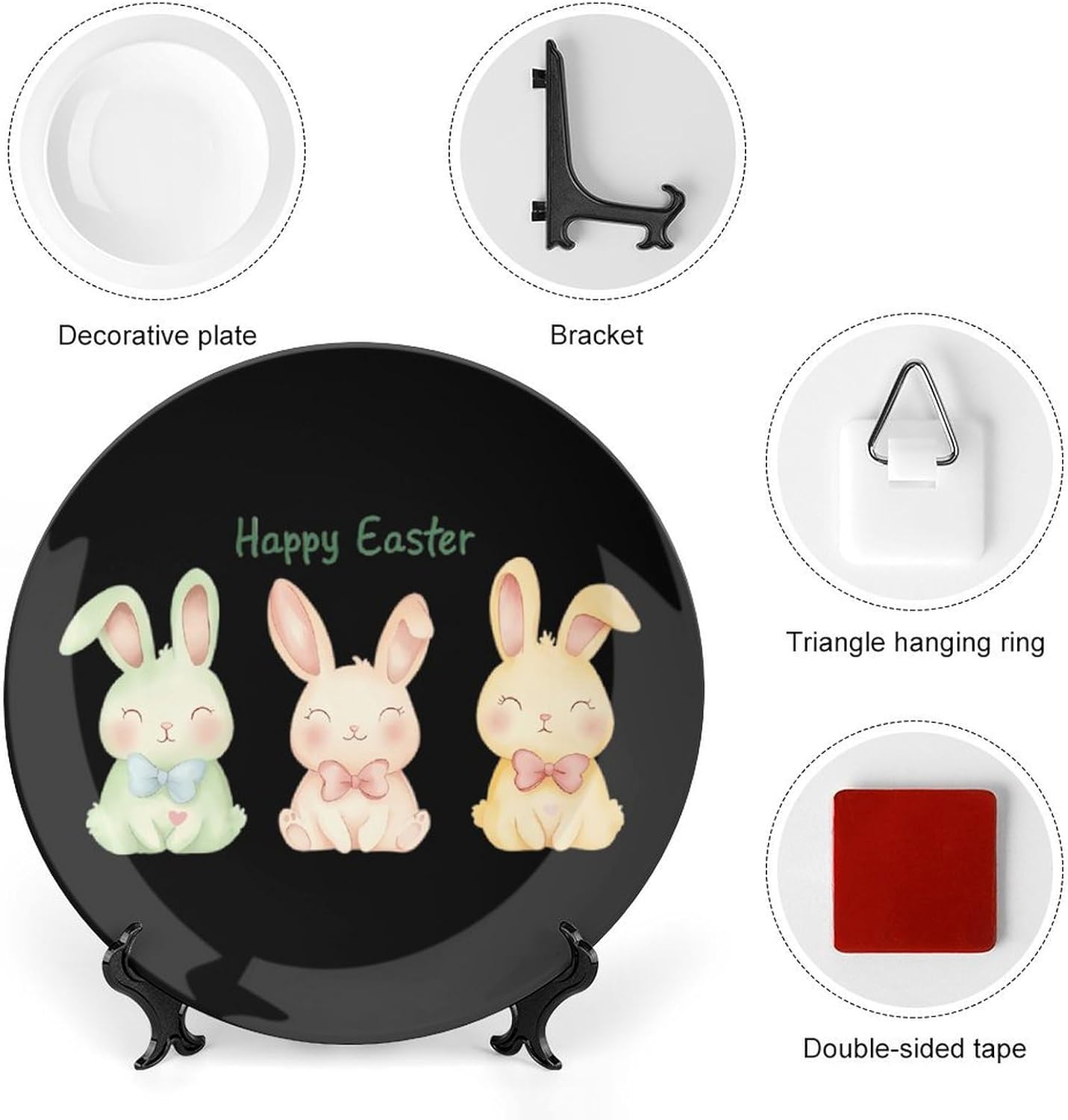 Happy Easter Bunny Rabbit Novelty Decorative Plate with Display Stand Ceramic Ornament Hanging Wall Decor