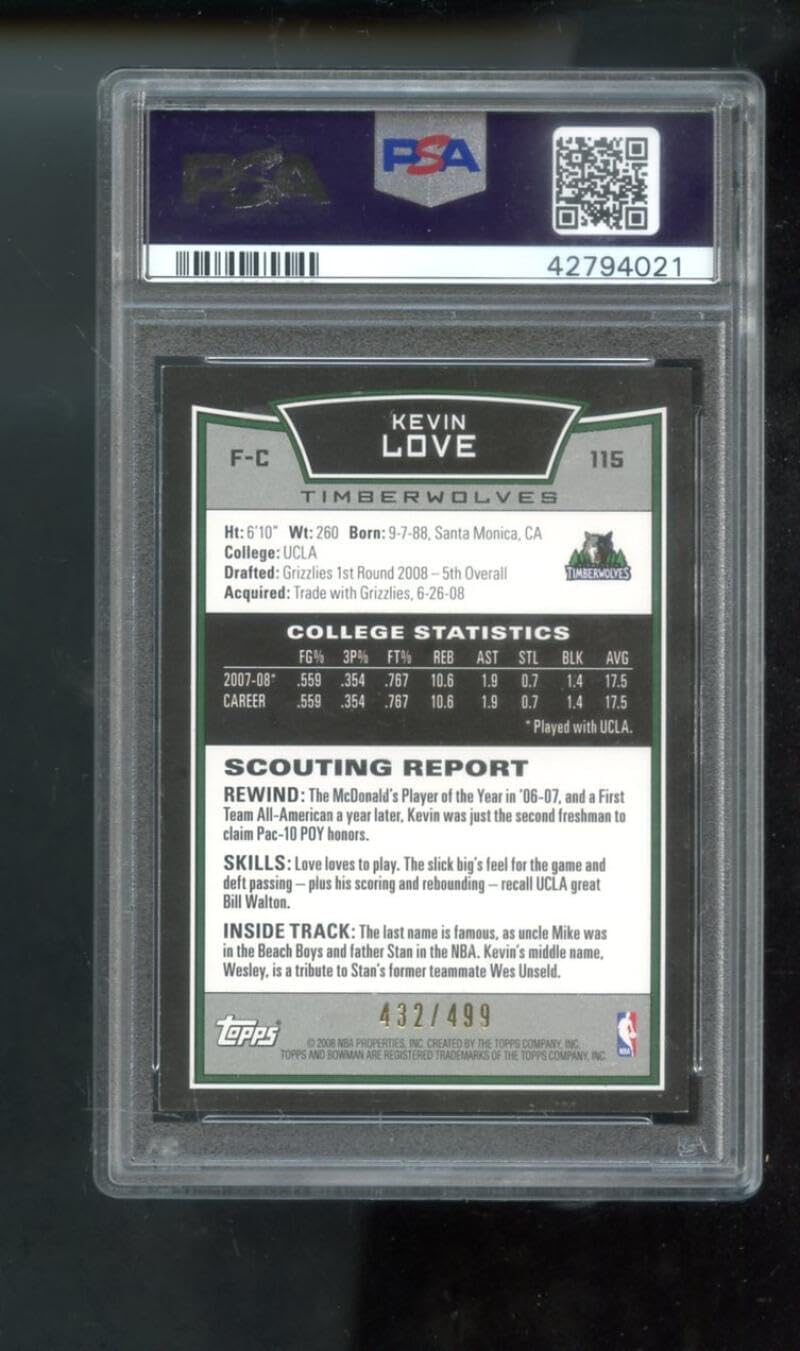 2008-09 Topps Bowman BLUE #115 Kevin Love ROOKIE RC PSA 9 Graded Basketball Card NBA 08-09 Minnesota Timberwolves 2008-2009 432/499