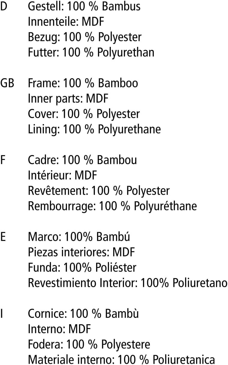 Material composition details for the WENKO Entryway Bench in multiple languages, including English: Frame: 100% Bamboo, Inner parts: MDF, Cover: 100% Polyester, Lining: 100% Polyurethane.