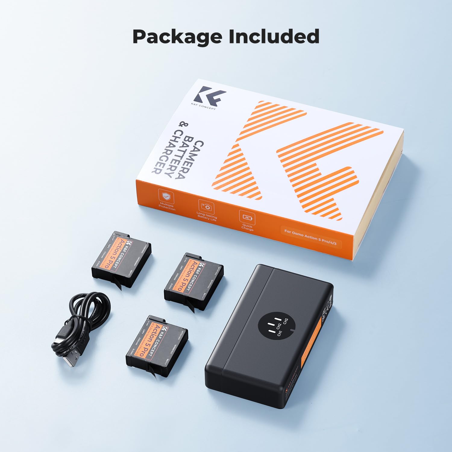 K&F CONCEPT 3-Pack OSMO 360 Battery, OSMO Action 5 Pro Battery Charger Compatible with DJI OSMO Action 6, Action 5 Pro, Action 4, Action 3, OSMO 360 Cameras