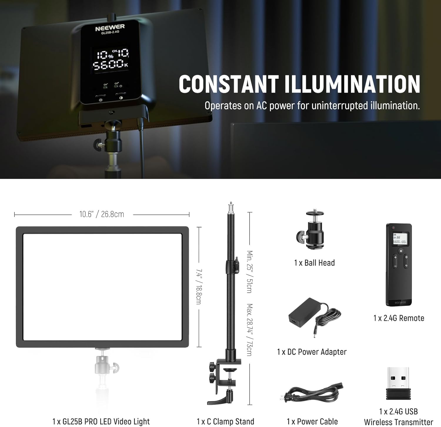 NEEWER 25W 12,9" Key Light Streaming con Supporto Tavolo/Remoto 2.4G/Trasmettitore USB Controllo APP PC/Mac 2300Lx/0,5m 2900-7000K CRI98+ Pannello Luce Video Dimmerabile per Webcam Laptop Zoom,GL25B
