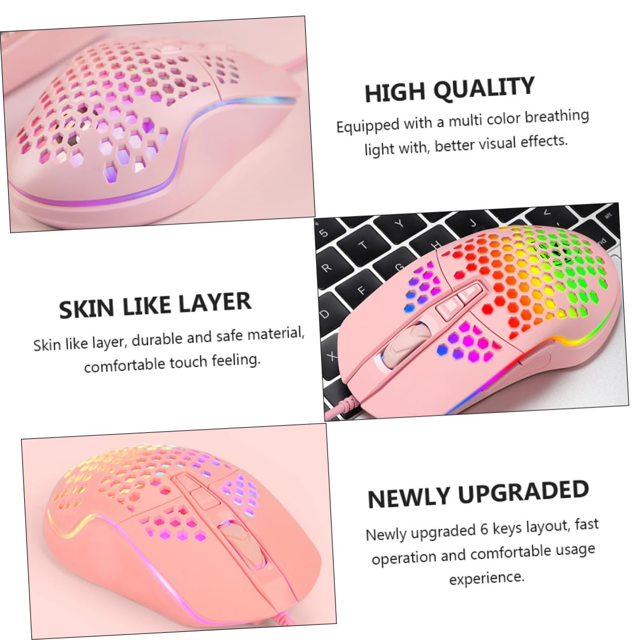 3 pezzi mouse da gioco cavo tablet for bambini retroilluminazione meccanica laptop cool gaming lap desk mouse cablato retroilluminazione a nido d'ape V9 rosa plastica mouse meccanico computer / 309
