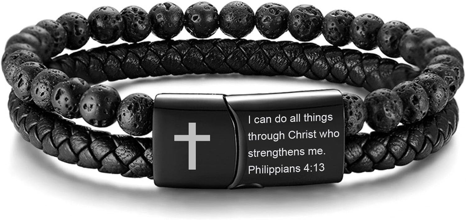 Men's Cross Bracelet for Men : Inspirational Bible Verse Black Leather Bracelets Christian Catholic Religious Jewelry Gifts Ideas for Man, Healing Lava Rock Bead Cross Bracelet Leather Wristband