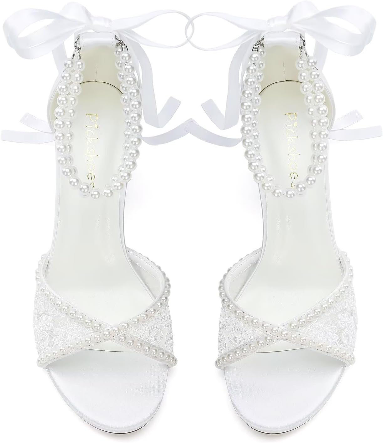 Lace Wedding Shoes for Bride Pearl Heels Bridal Shoes Block Heel Wedding Sandals - Image 2