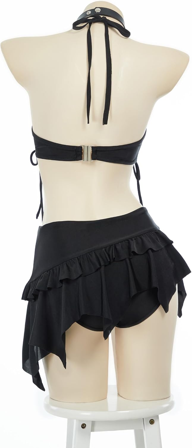 MEOWCOS Gothic Bikini Set Goth Swimsuit Halter Bathing Suit with Cute Fake Two - Piece Mini Skirt Design
