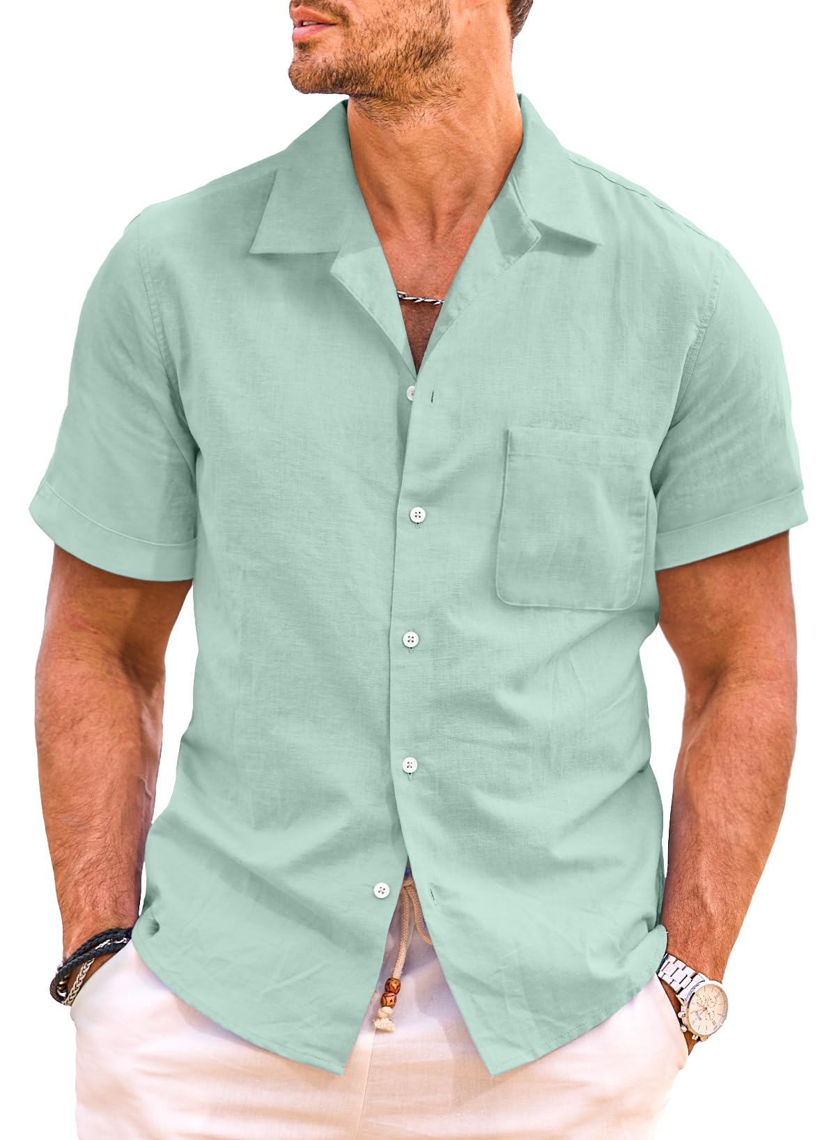 JMIERR Camisa de Lino para Hombre de Manga Corta, Casual y Relajada de algodón para la Playa, clásica y de Corte Regular