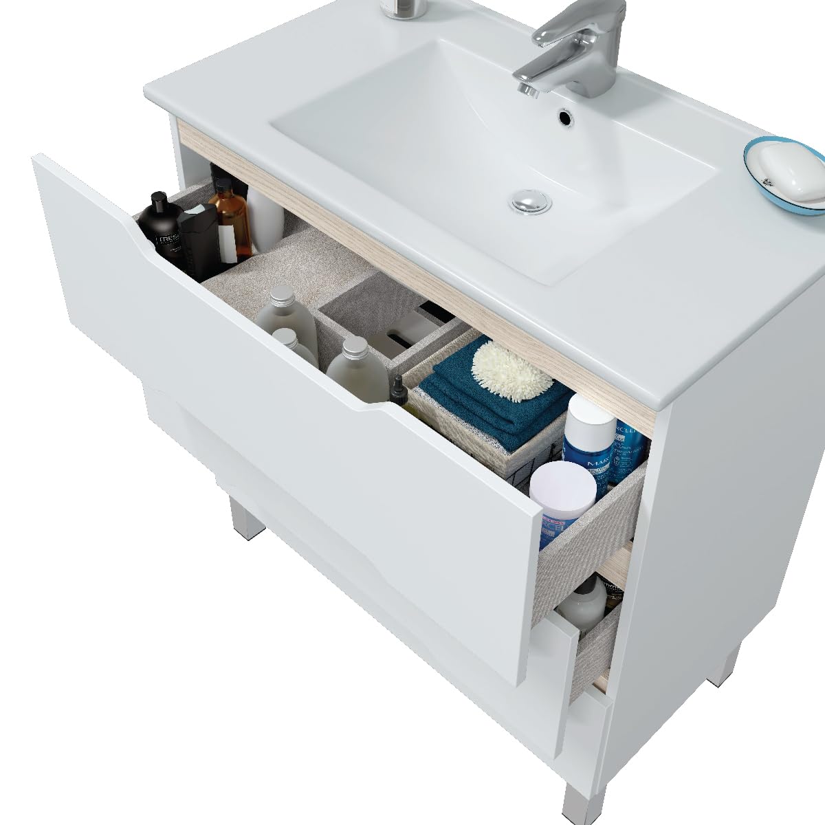 MarinelliGroup Mobile bagno 80 cm a terra lavabo ceramica 3 cassetti BIANCO LUCIDO 80 x 45 x 86 cm 305023B