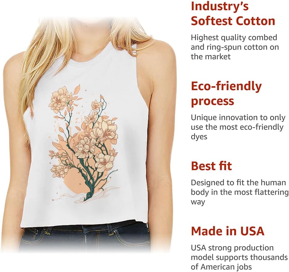 Japanese Flower Racerback Cropped Tank - Printed Women's Tank - Cute Tank Top