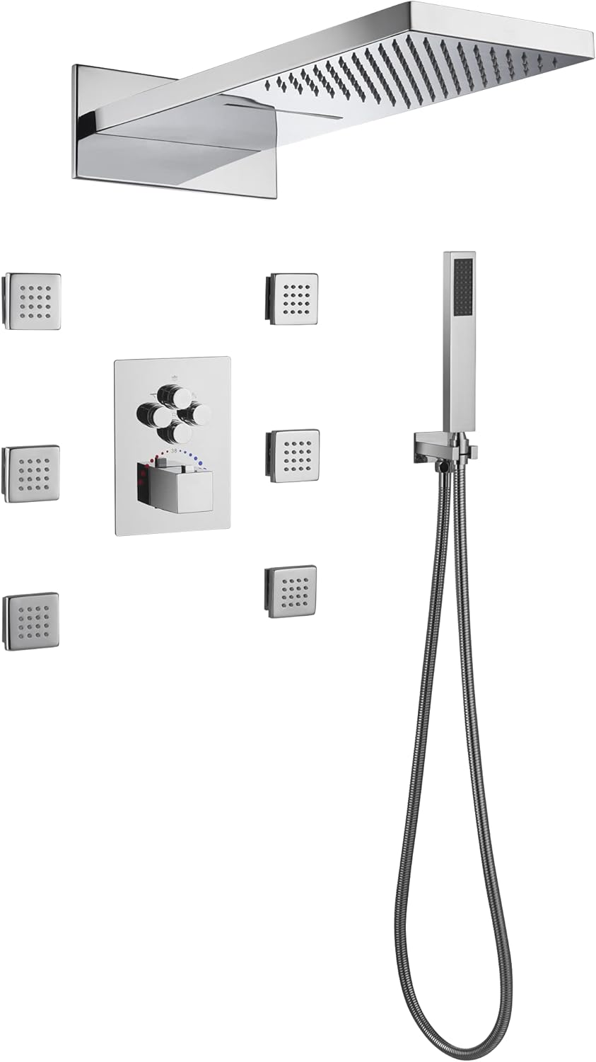 Polished Gold 22 Inch Rainfall Waterfall Shower Head 4 Way Thermostatic Shower Faucet with 6 Body Jets each Function Work All Together and Separately