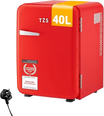 TZS First Austria - Retro Mini Fridge 40L Silent - Small mini fridge in vintage design with interior lighting & 2 door compartments - Minibar for camping, office, bedroom & hotel - red [Energy Class E]