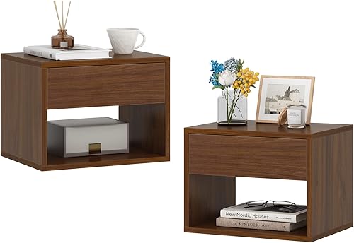 Miniatura 8 de JAXPETY Juego de 2 mesitas de noche, mesita de noche con cajón, mesita de noche flotante con estante de almacenamiento abierto, mesitas de noche de