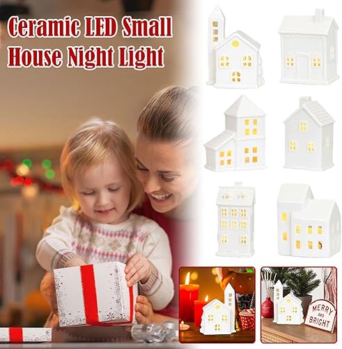 Miniatura 3 de Casas blancas de pueblo de Navidad, casas y pueblos de cerámica, casas de aldea de Navidad de cerámica blanca, con luces LED integradas, decoración
