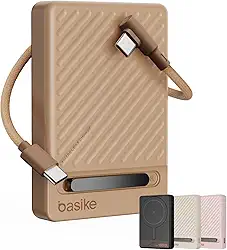 Basike, Power Bank Indução10000 mAh, Carregador Portatil Indução, Carregamento Rápido Máximo de 22,5W, Cabo USB-C Removível e Suporte Ajustável, para iPhone Série 16/15/14/13/12, AirPods (Marrom)