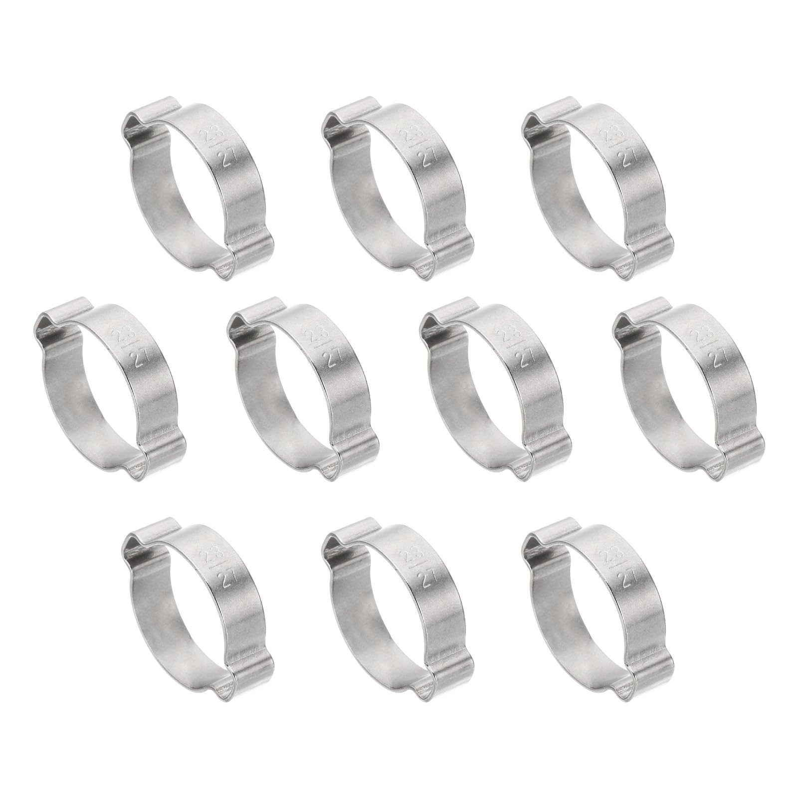 PATIKIL 10 Pack 23-27mm Double Ear Hose Clamp, 304 Stainless Steel O Clip Crimp Rings for Fuel Petrol Pipe Tube Fitting Connections, Silver Tone
