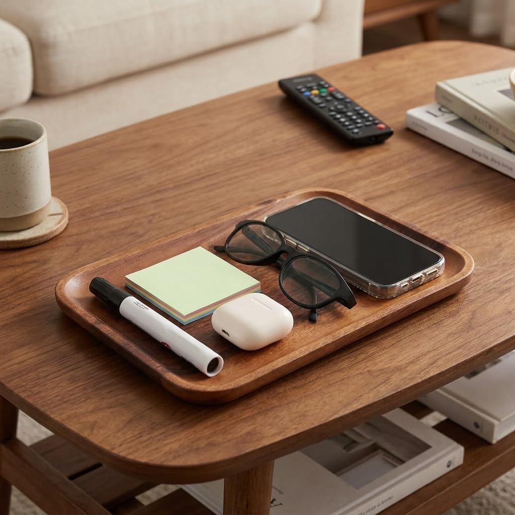 11.8" x 7.8" Wood Serving Tray with Clip, Decorative Wooden Serving Platter for Coffee Table, Ottoman, Breakfast, Snacks and Home Decor
