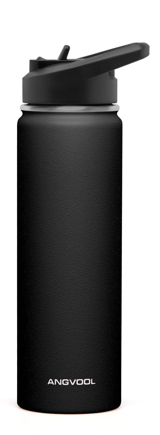 ANGVOOL Water Bottle with Straw, 700ml (Black)