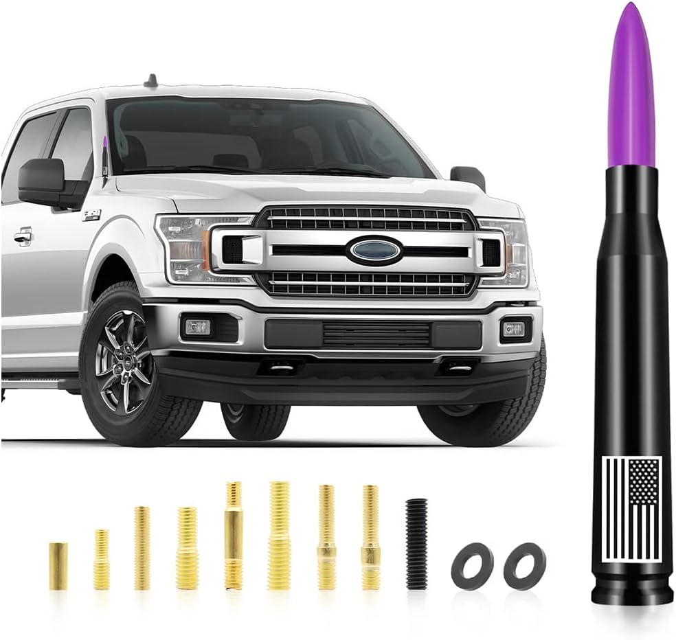 Car Antenna Mast, American Flag Aluminum Automobile Antenna Mast, 5.5 Inch AM/FM Radio Antenna with 9 Screws Adapter and 2 Rubber Rings, Auto Replacement Accessories for Car Truck SUV (Purple)