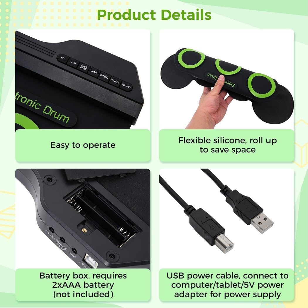 Roll-Up Drum Pad Set, 7-Pad Electronic Drum Kit with Pedals, Headphone Jack, USB and Battery Power Options for All Ages
