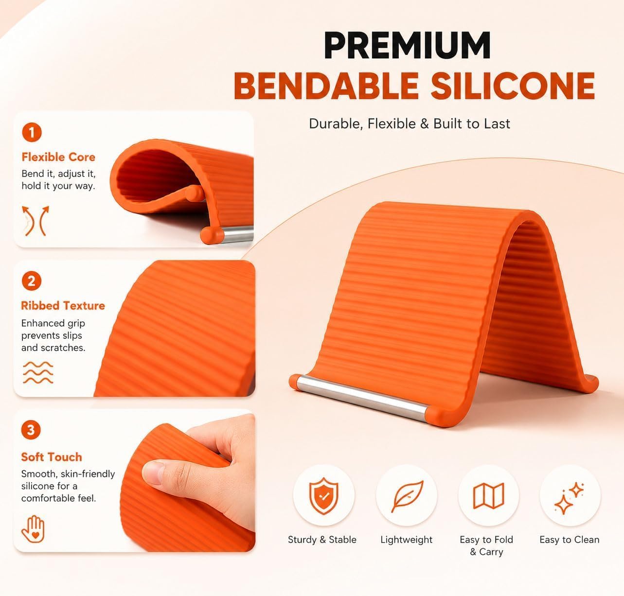 Foldable Silicone Phone Stand, Adjustable Mobile Phone Holder with Anti-Slip Base, Flexible Desktop Stand for Smartphones, Portable Phone Mount for Home, Office, Travel & Video Calls (Orange, 1 Pack) — Amazon image 5