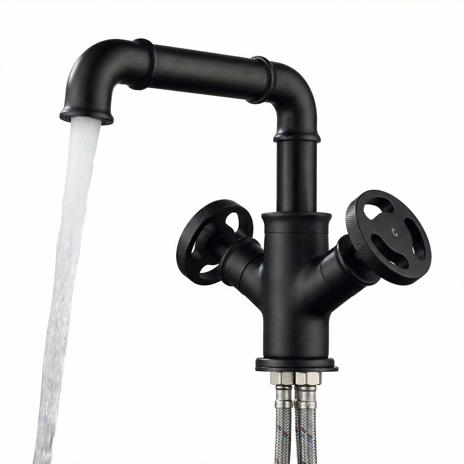 Basin Mixer Tap Bathroom Sink Tap Black, Industrial Basin Mixer Faucet Vintage, Brass 360° Swivel Spout Sink Faucet for Bathroom with 60CM Standard Hoses, Resistant Finish