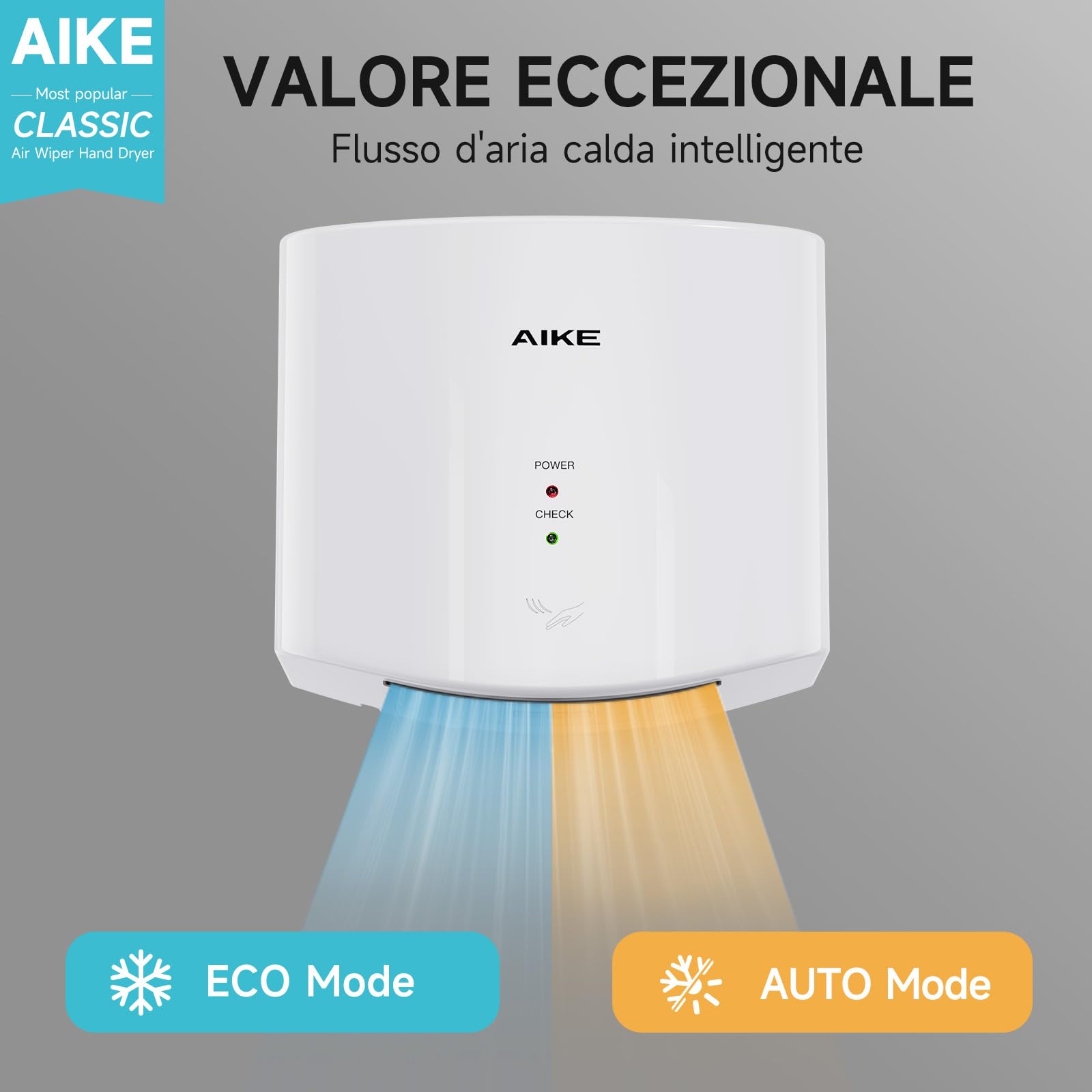 AIKE Air Wiper Asciugamani Compatto, Asciugatura ad Alta velocità, 1400W 220V, Collega e USA, Senza Carta e Senza Contatto per Bagni Pubblici, AK2630S (Bianco)