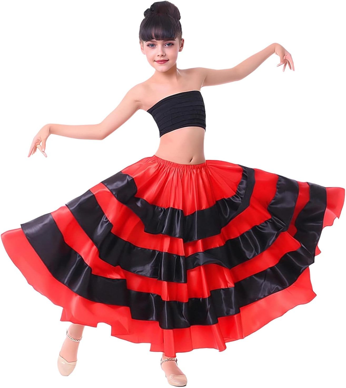 Linjinx Kids Girls Black Red Ruffle Satin Maxi Long Skirt Spanish Flamenco Belly Gypsy Folklorico Dance Skirt Dancewear