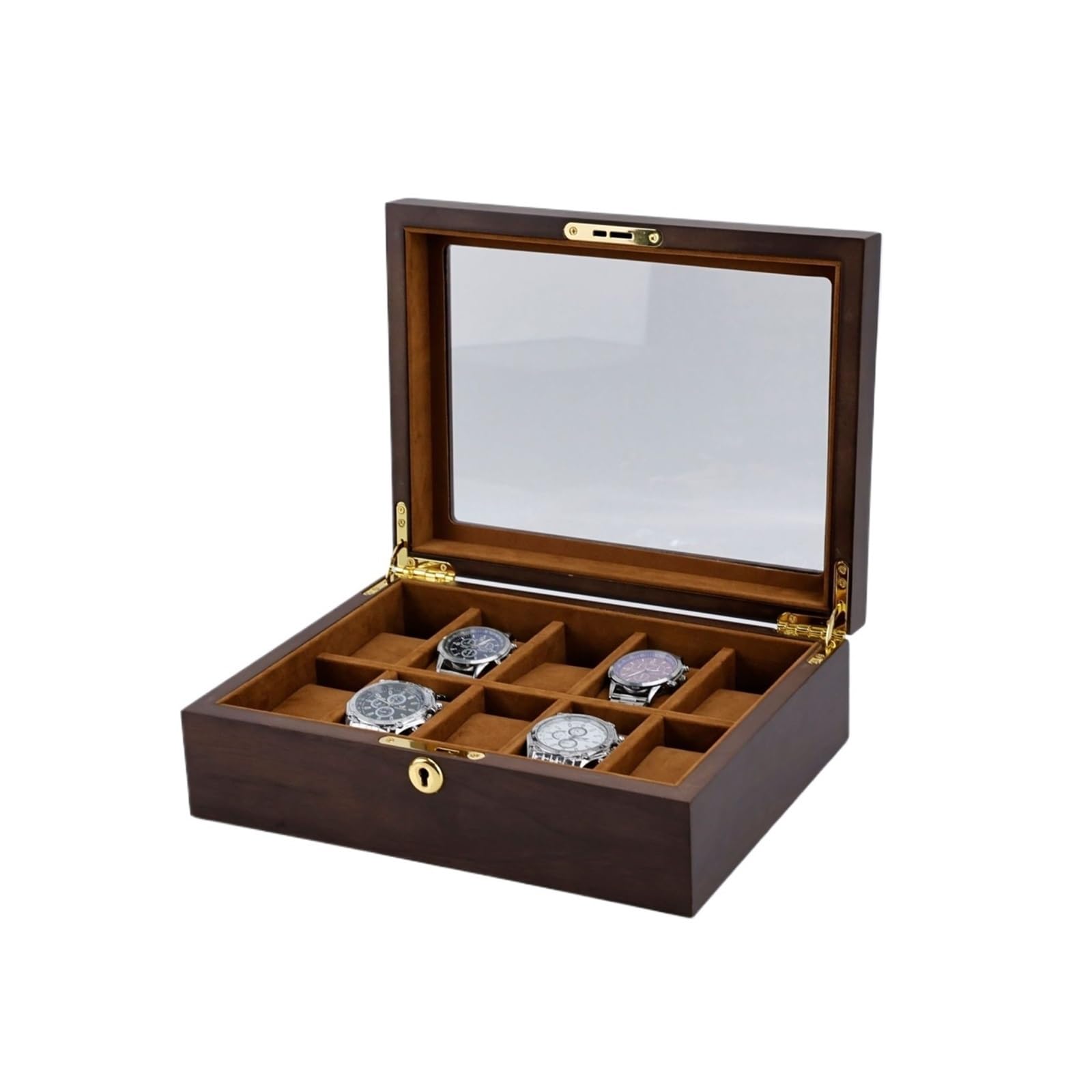 1 Stück schwarze Walnuss-Uhrenbox mit 6 Fächern, Glasdeckel und Schublade | Uhrenbox aus schwarzem Walnussholz mit 6 Fächern, doppellagiger Organizer aus Holz mit Glasdeckel(LuxWalnut10WatchBox)