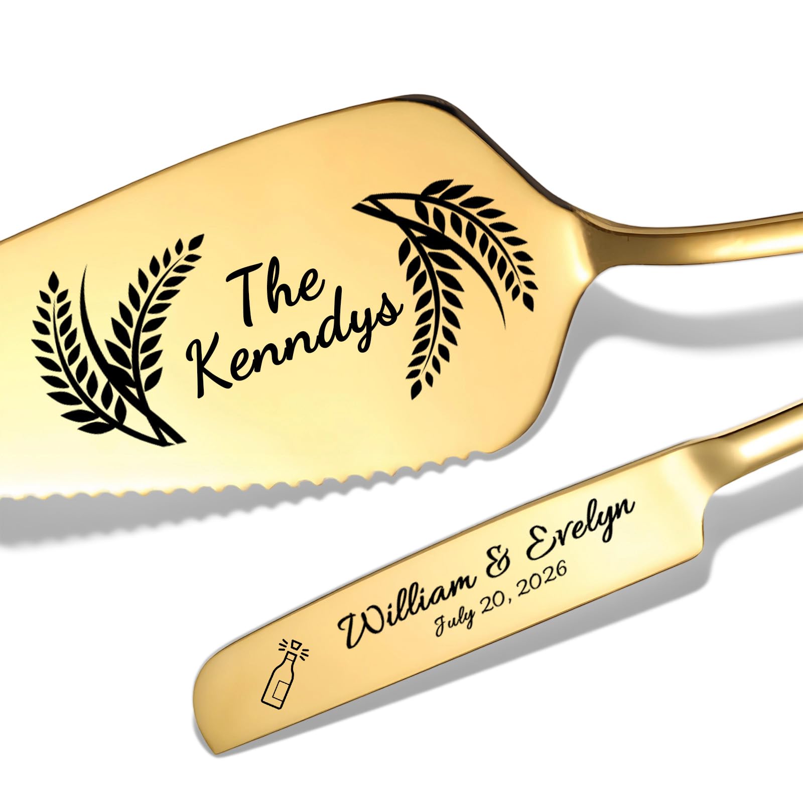KBPTM Personalised Wedding Cake Knife and Server Set – Custom Cake Cutting Set with Engraved Names & Date, Cake Knife and Slice for Bride and Groom Anniversary Housewarming Gift (Golden)