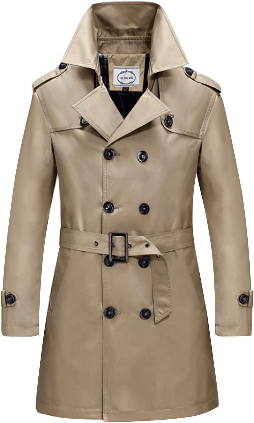 Men Notch Lapel Double Breasted Trench Coat Belted Windbreaker Outwear