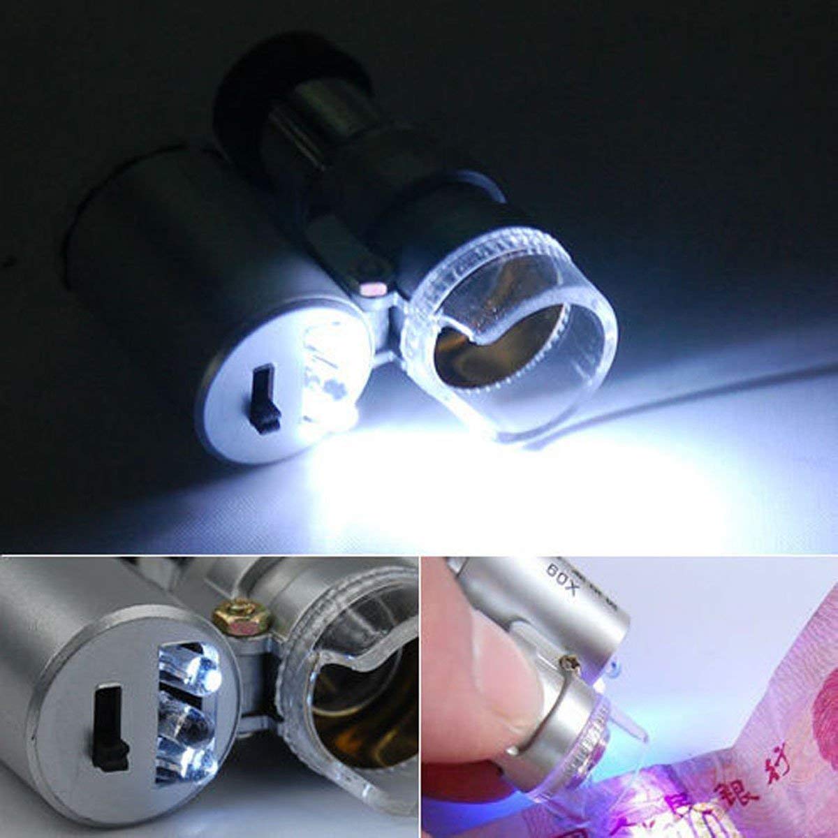 Mini mikroskop metalowy, 60x lupa kieszonkowa szkło lupa z kieszonkowym mikroskopem LED UV do biżuterii diamenty klejnoty monety znaczki